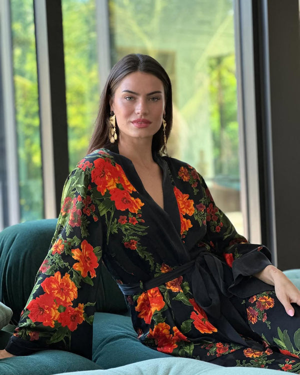 ガウンコート ALEXIA STAM kimono sleeve Robe Dress Midnight Blue Kimono-Robe Coat – DATURA