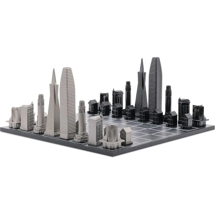 Chess Set Stainless Steel SAN FRANCISCO Edition with Wood Map Board