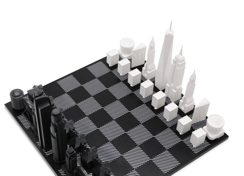 Chess Set Acrylic NEW YORK vs LOS ANGELES Edition with Black and White Hatch Board