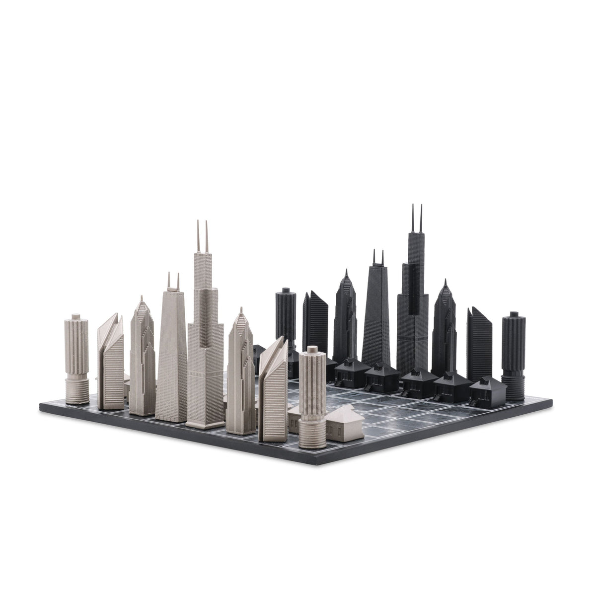 Chess Set Stainless Steel CHICAGO Edition with Wood Map Board