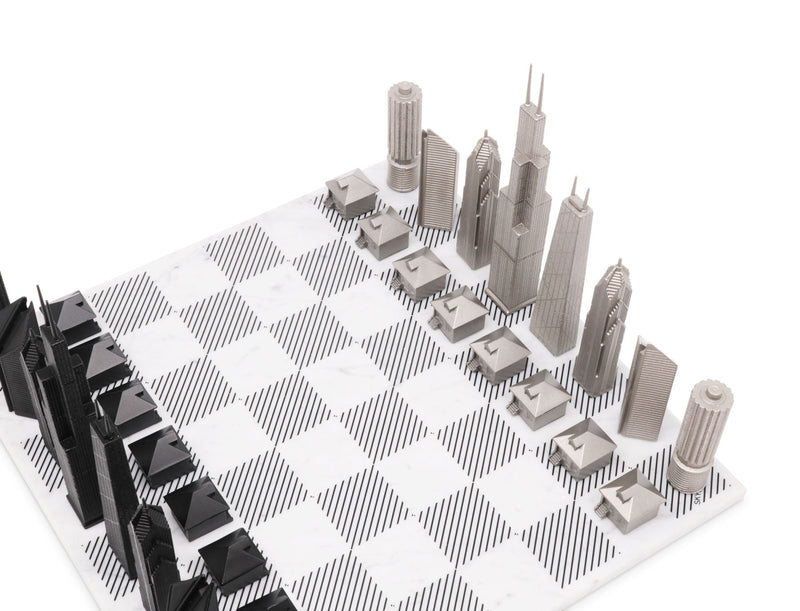 Chess Set Stainless Steel CHICAGO Edition with Marble Hatch Board