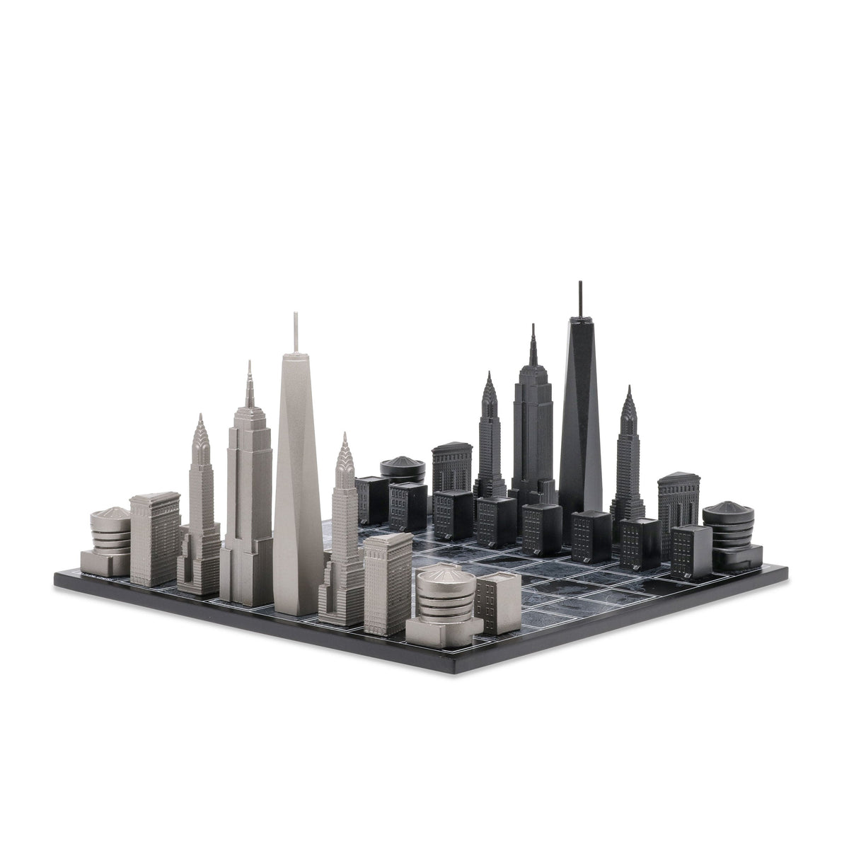 Chess Set Stainless Steel NEW YORK Edition with Wood Map Board