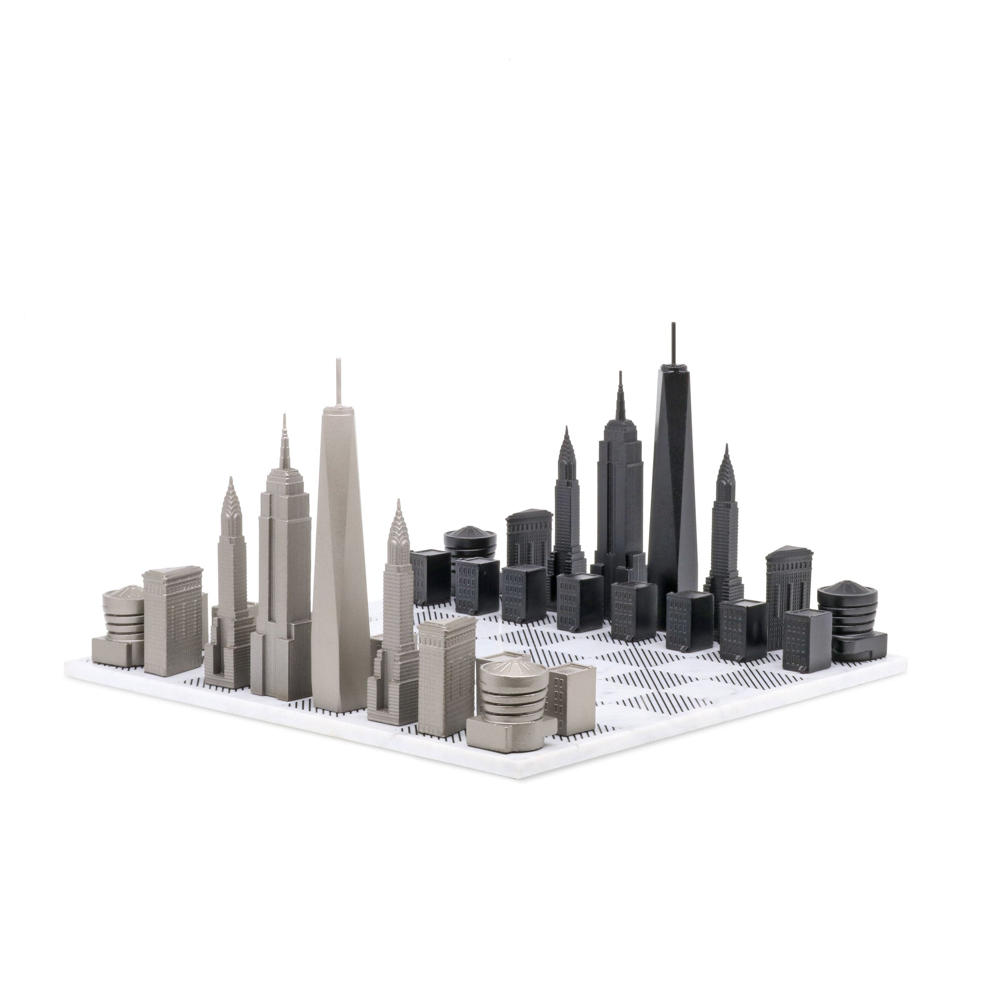 Chess Set Stainless Steel NEW YORK Edition with Marble Hatch Board