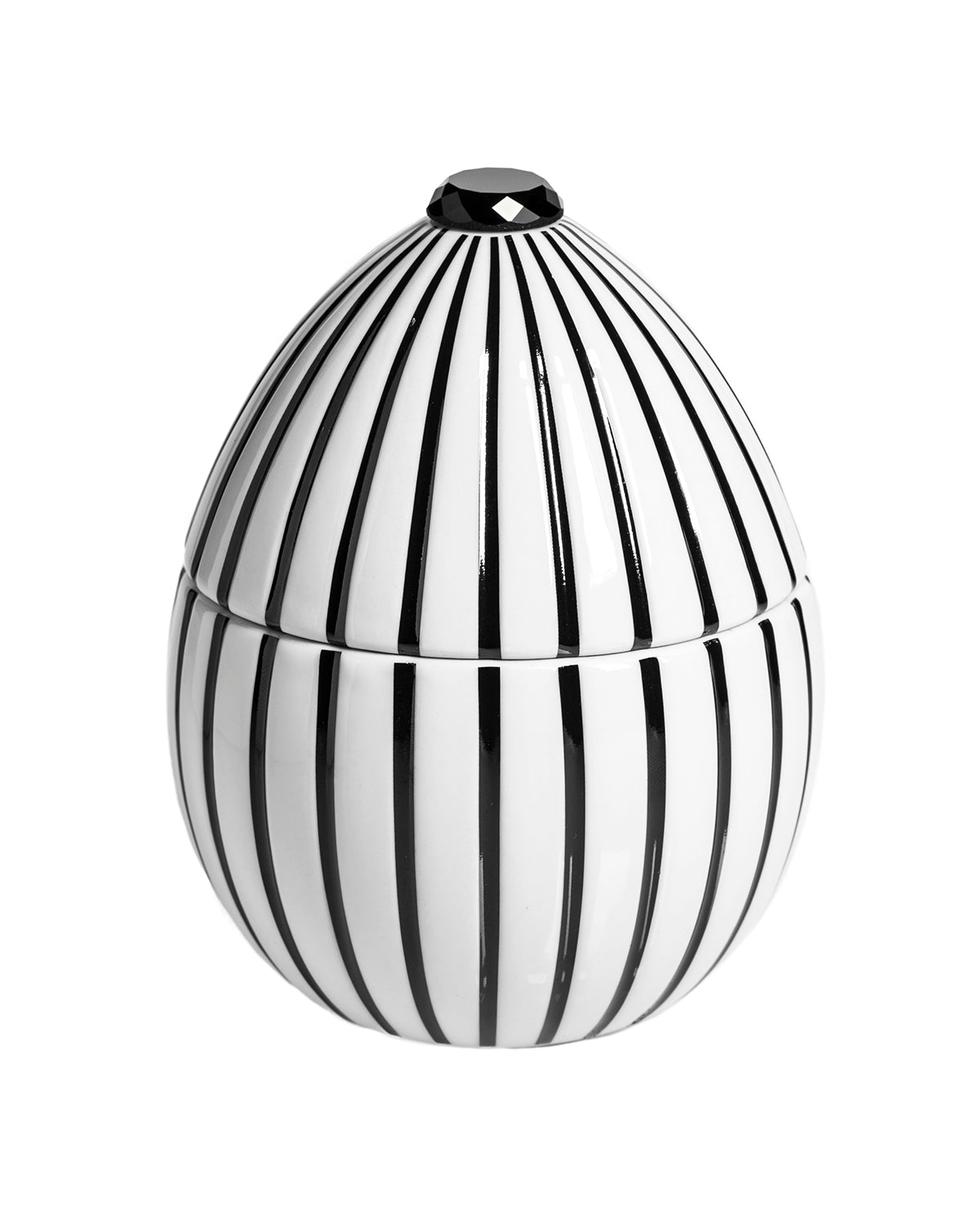 Candle in Ceramic Egg BOIS DE ROUSSIE 200gr White Black Stripes 5.12 diam. x 6.5 in