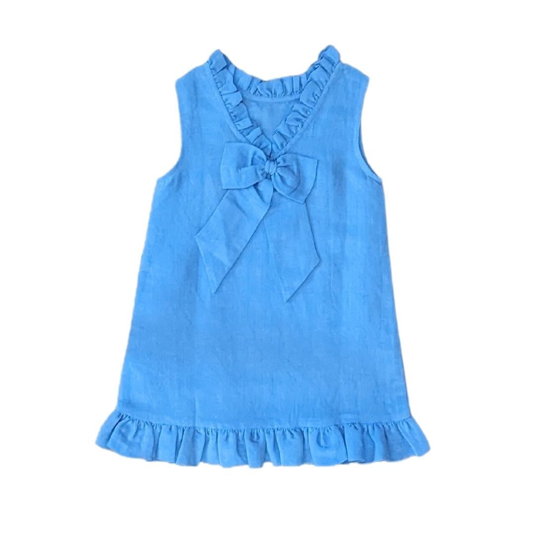Blue Linen Shift Dress with Back Bow