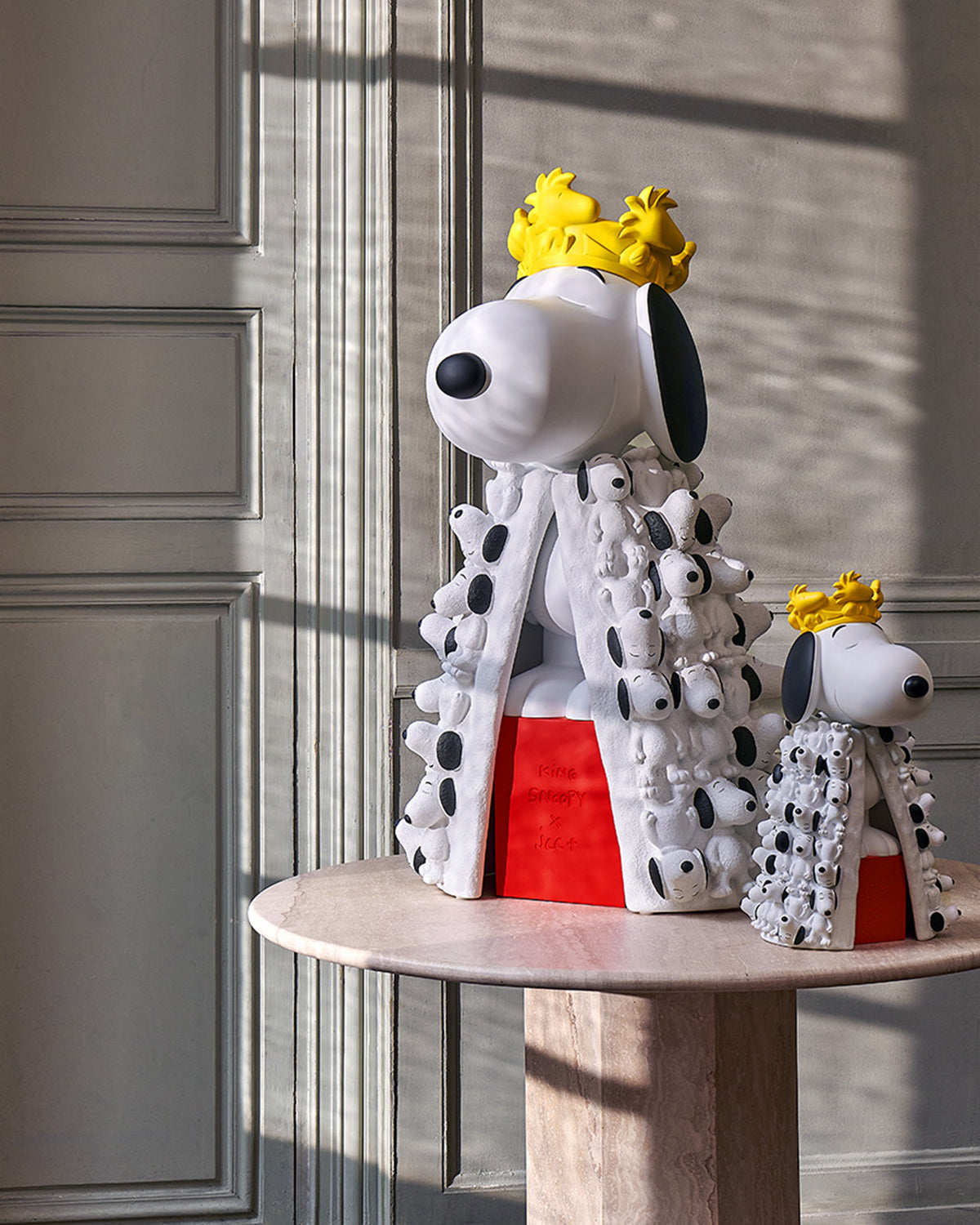 Snoopy KING with Mini Snoopies on Cape & Woodstock as Crown White & Yellow 17in