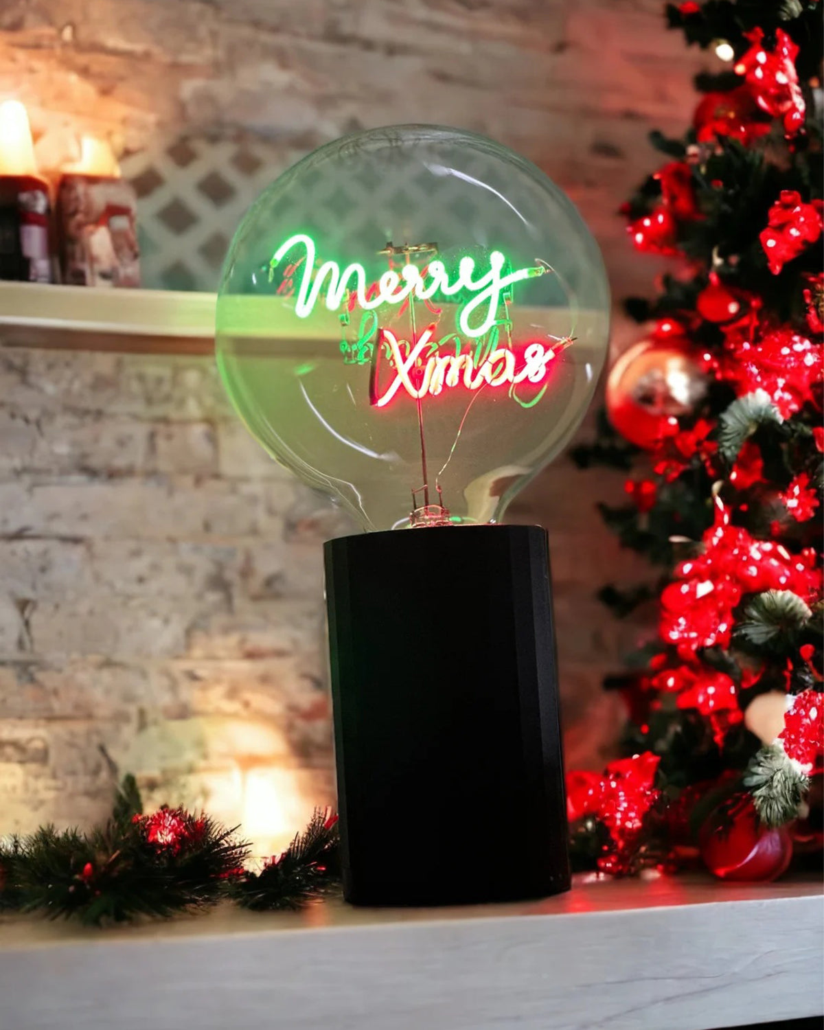 Bulb MERRY XMAS Green/ Red with Base Table Lamp PORTABLE Black
