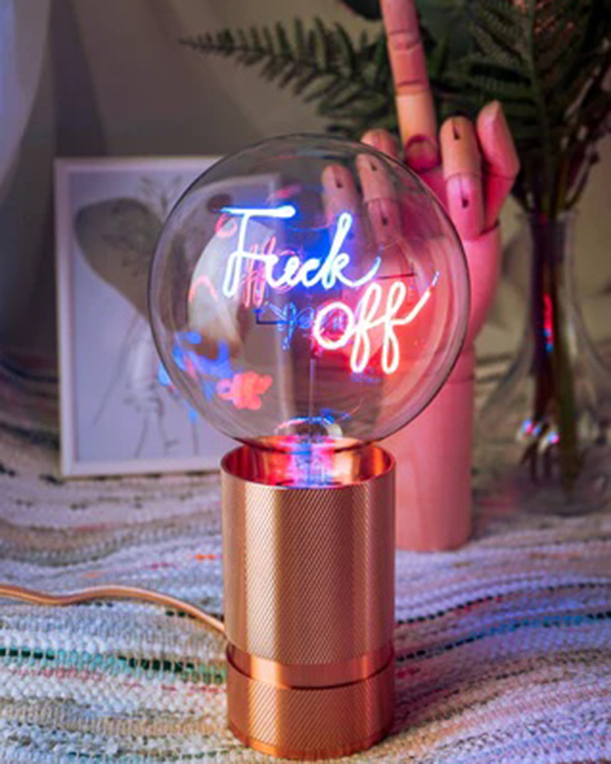 Bulb FUCK OFF Blue/ Red with Base Table Lamp PORTABLE Pop Nomad Pink