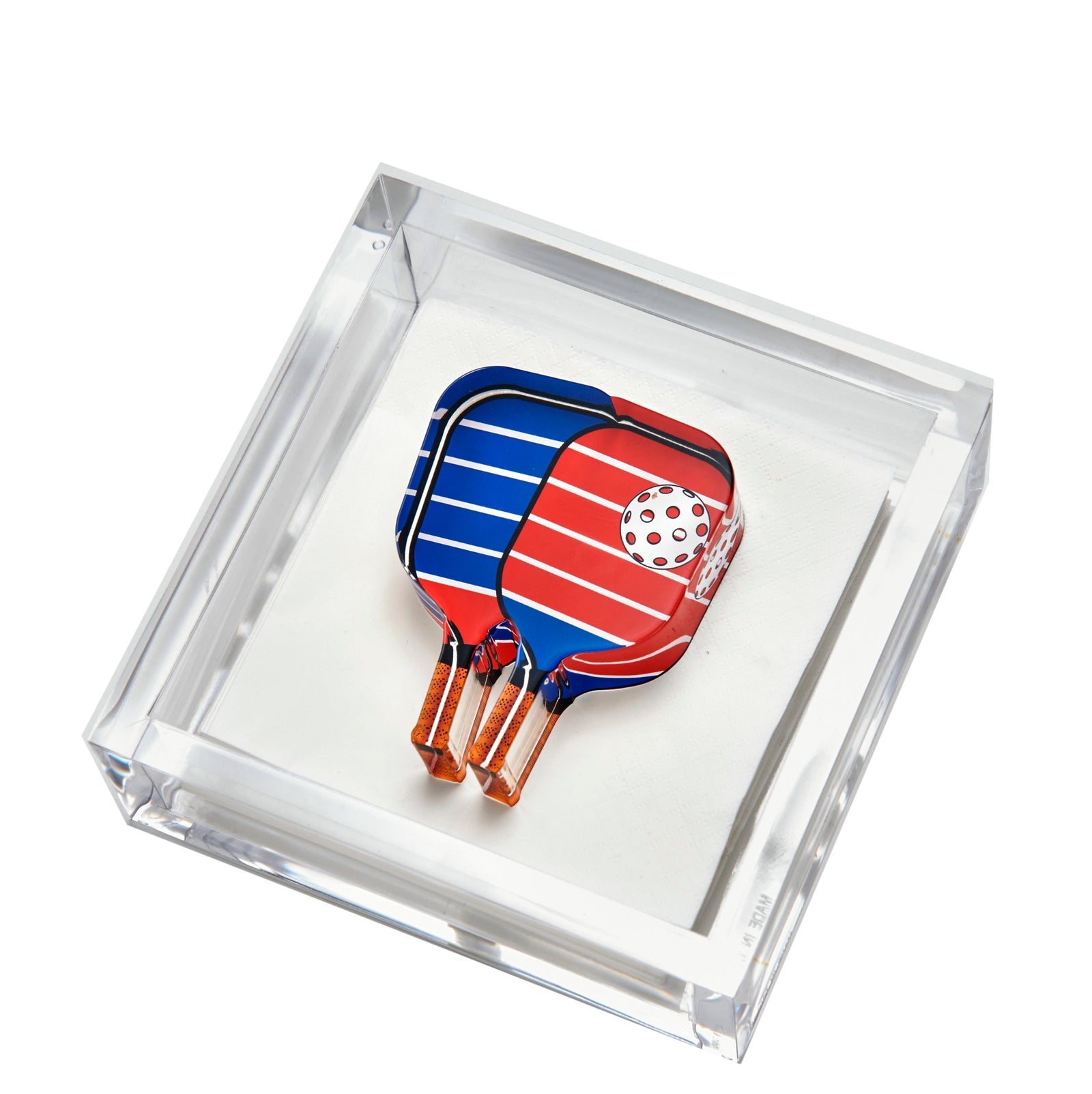 Tara Wilson Designs Cocktail Napkin Holder PICKLEBALL Red / Blue 6" x 6"
