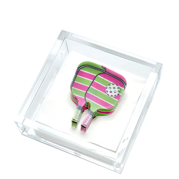 Tara Wilson Designs Cocktail Napkin Holder PICKEL BALL Pink / Green 6" x 6"