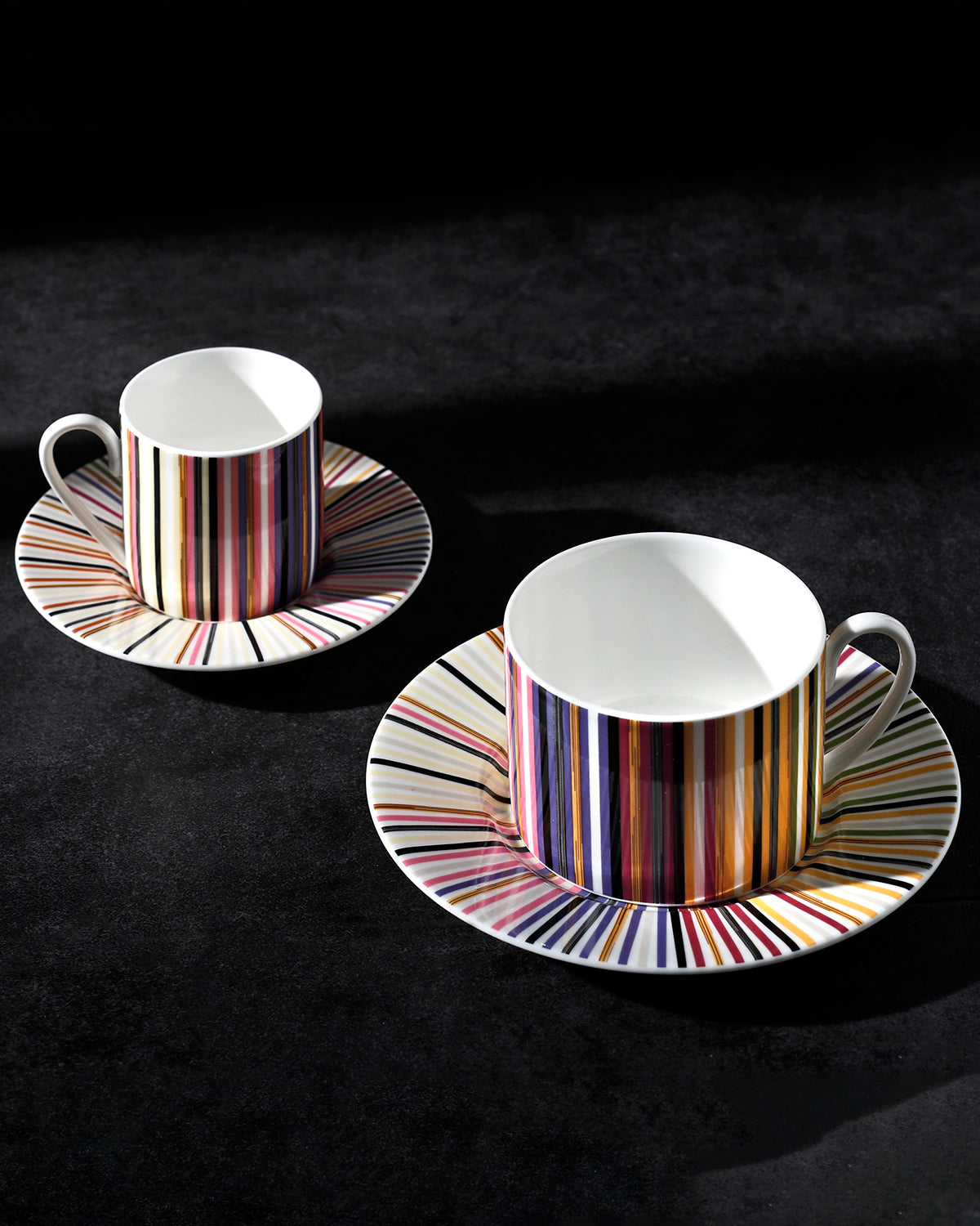 Missoni Home Tea Cup & Saucer STRIPES Set of 2 in Luxury Box Jenkins 156 diam. 3.3", H 2.3", cap. 7.5 oz, Saucer diam. 6"