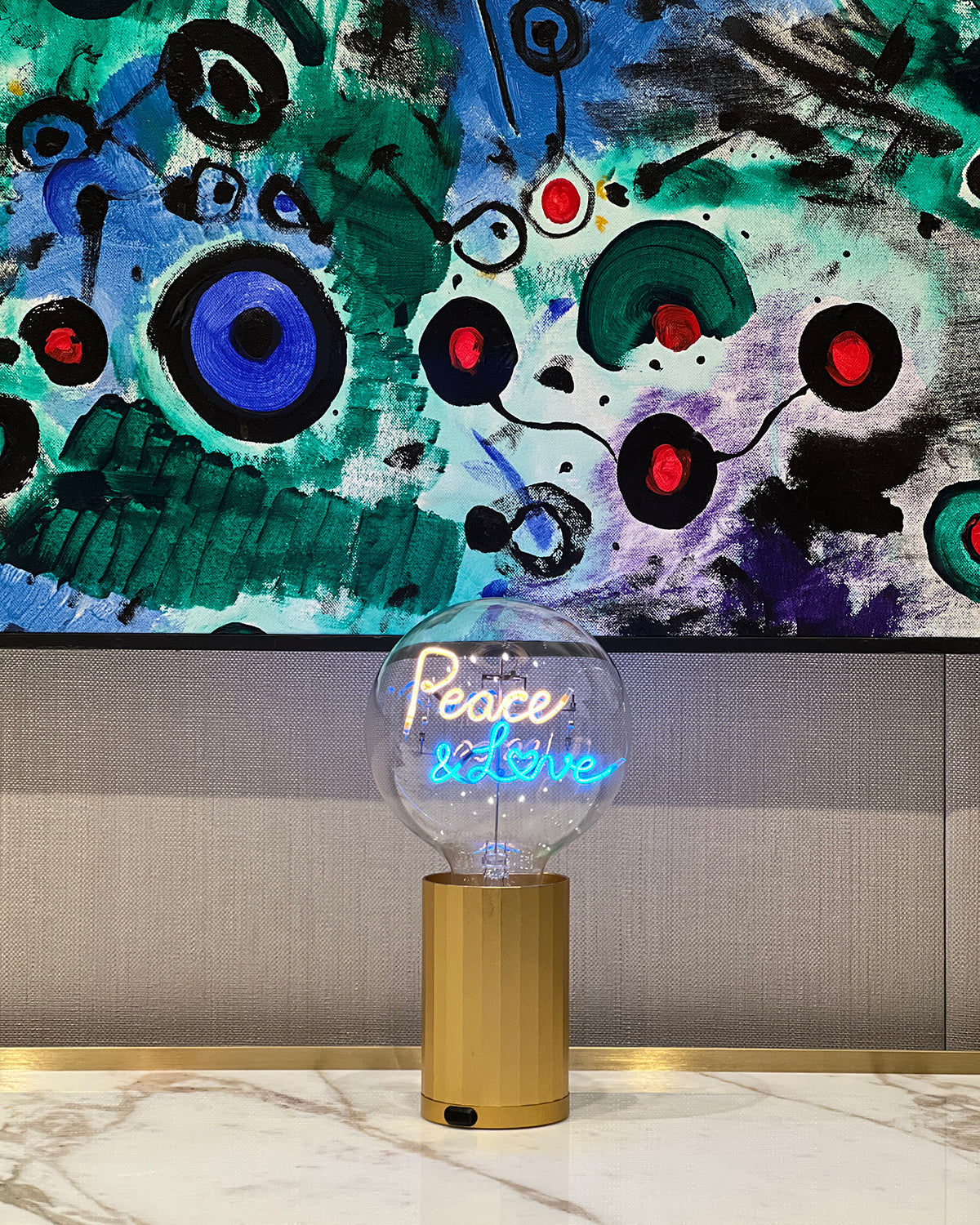 Bulb PEACE AND LOVE Amber/ Blue with Base Table Lamp PORTABLE Rose Gold