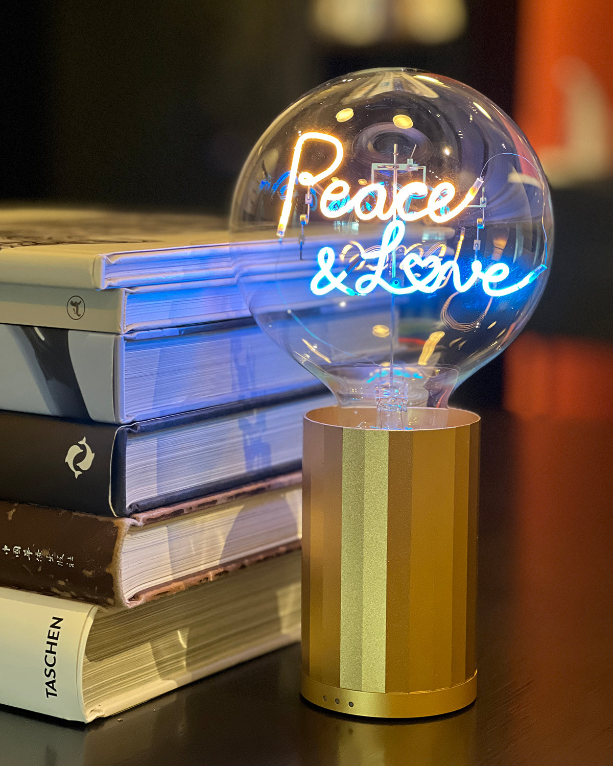 Bulb PEACE AND LOVE Amber/ Blue with Base Table Lamp PORTABLE Rose Gold