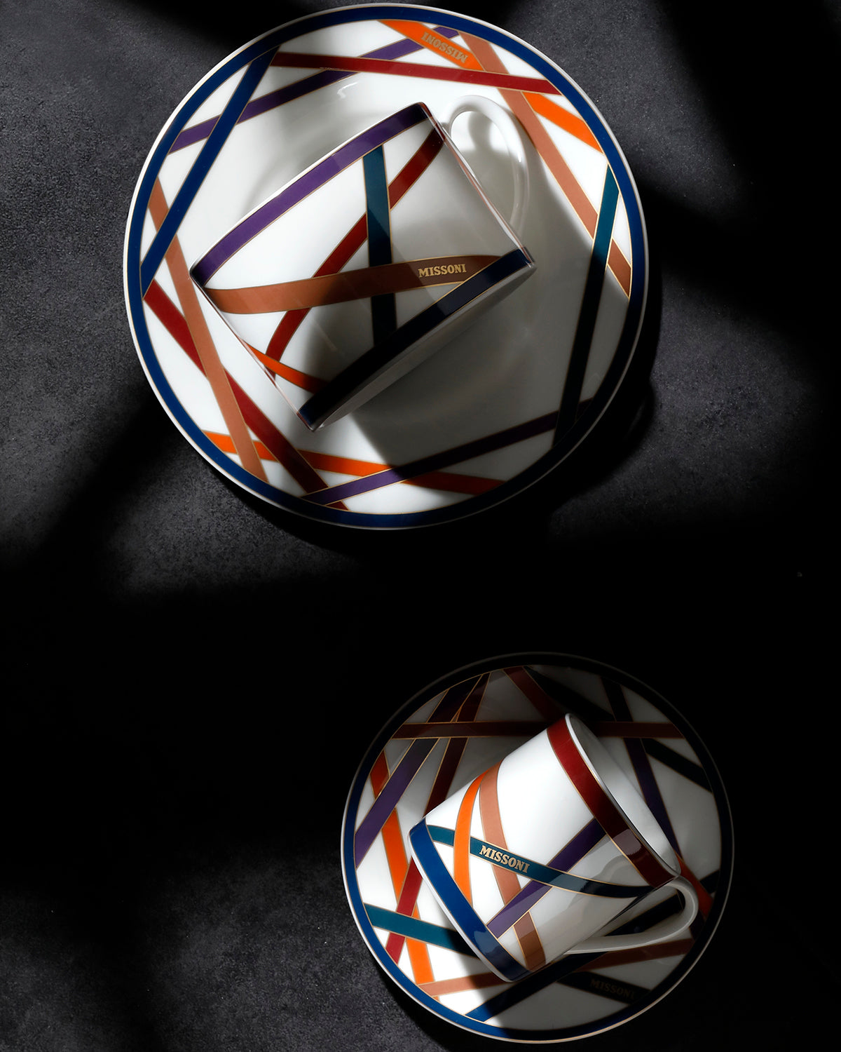 Tea Cup & Saucer NASTRI Set of 2 in Luxury Box Multicolor diam. 3.3", H 2.3", cap. 7.5 oz, Saucer dim. 6"