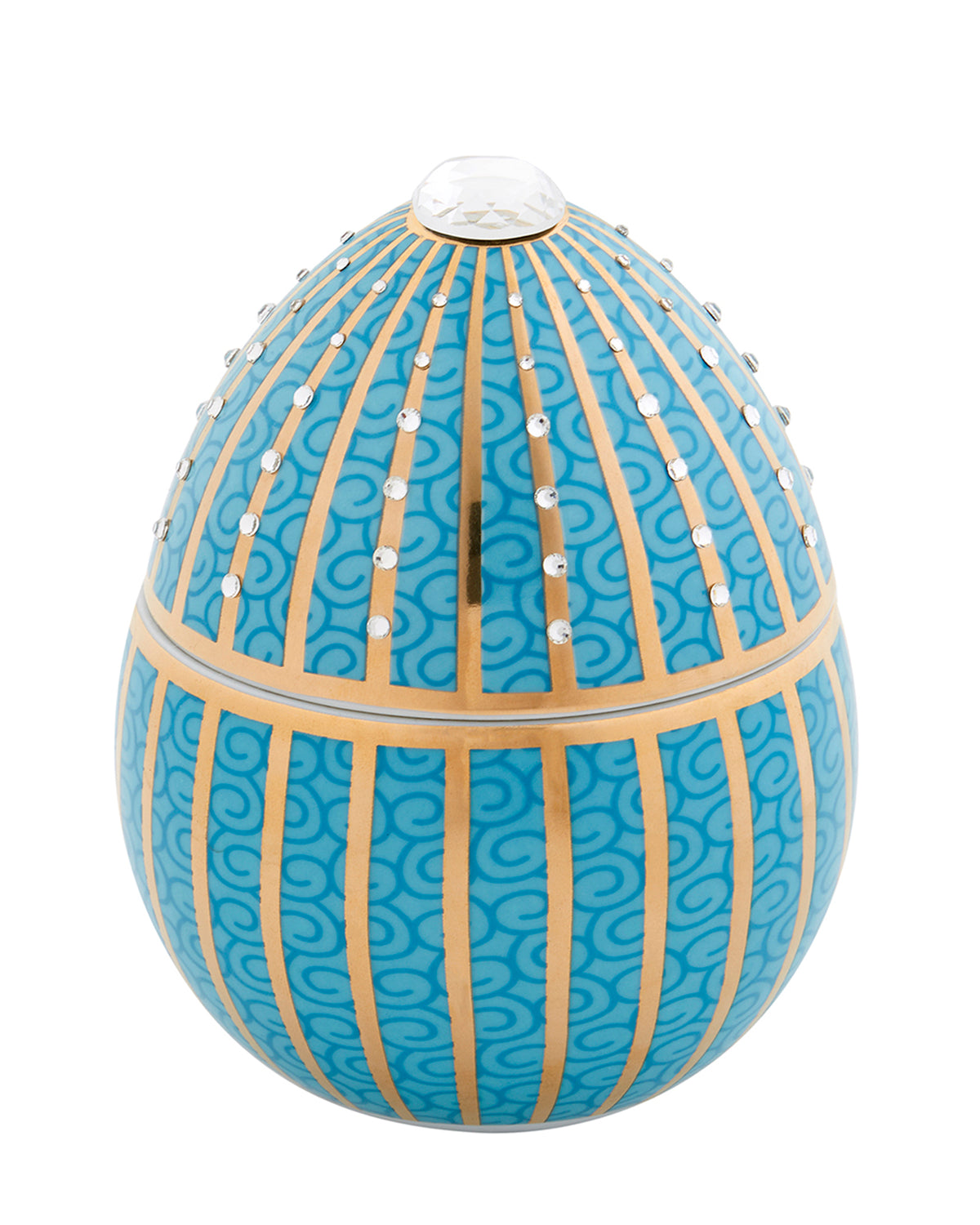 Candle in Ceramic Egg BOIS DE ROUSSIE LIGHT BLUE GOLDEN STRIPES WITH CRYSTALS 200gr 5.12 diam. x 6.5 in