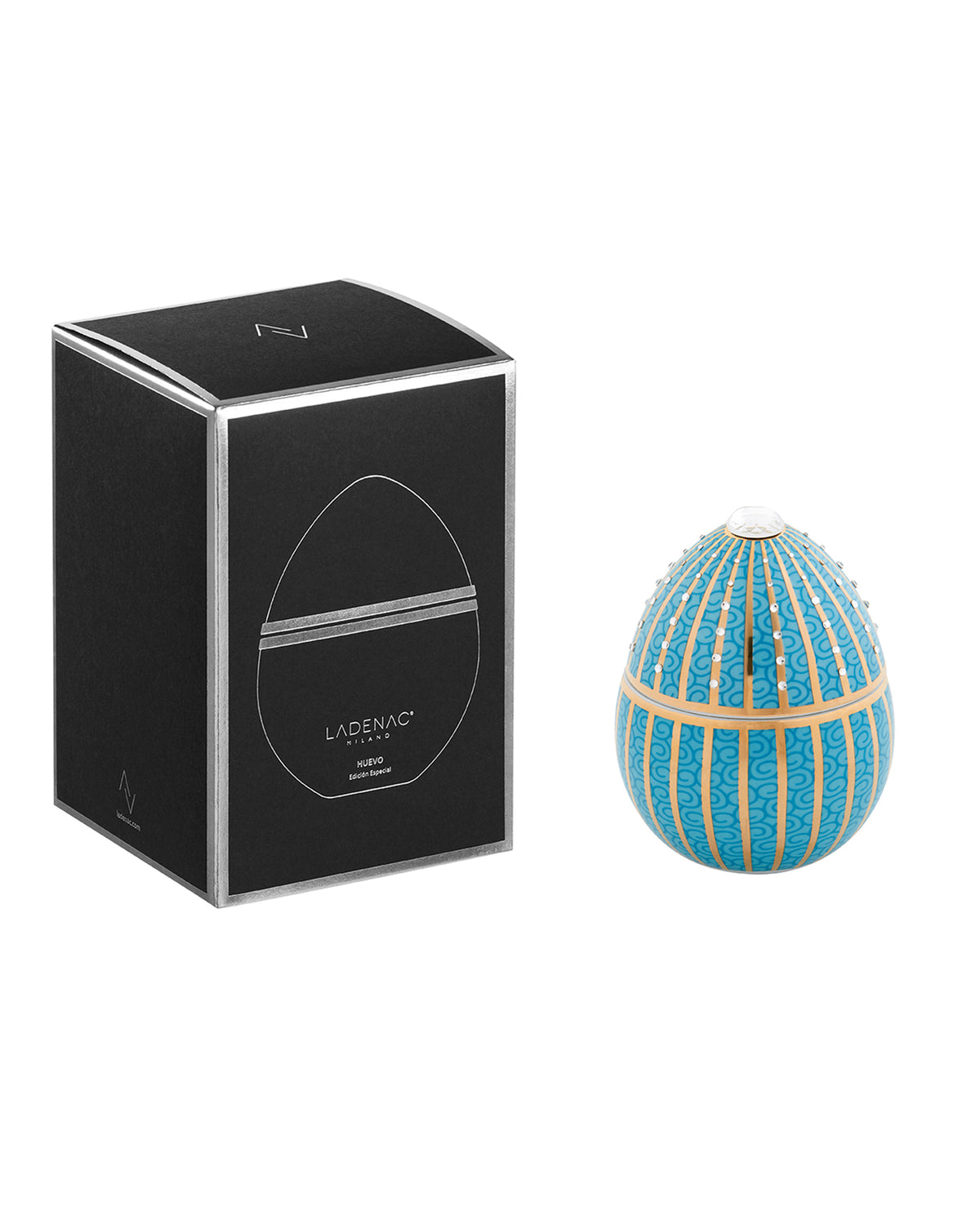 Candle in Ceramic Egg BOIS DE ROUSSIE LIGHT BLUE GOLDEN STRIPES WITH CRYSTALS 200gr 5.12 diam. x 6.5 in