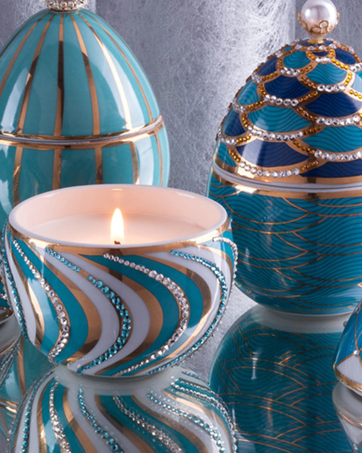 Candle in Ceramic Egg BOIS DE ROUSSIE LIGHT BLUE GOLDEN STRIPES WITH CRYSTALS 200gr 5.12 diam. x 6.5 in