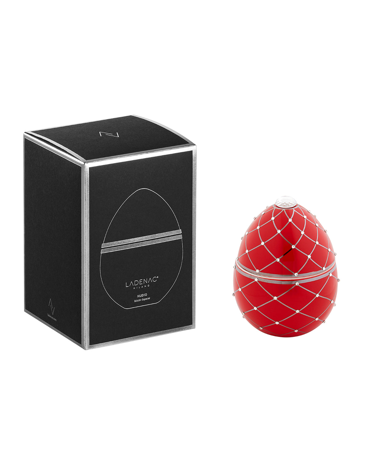 Candle in Ceramic Egg BOIS DE ROUSSIE 200gr Red Silver Stripes 5.12 diam. x 6.5 in