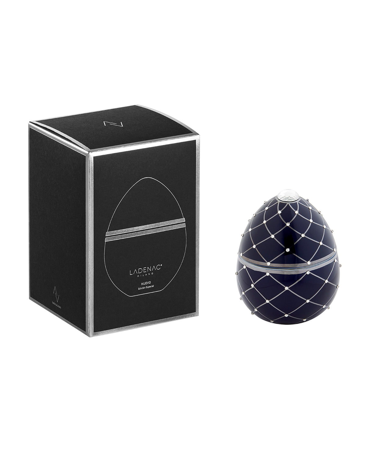 Candle in Ceramic Egg BOIS DE ROUSSIE 200gr Dark Blue Silver Stripes 5.12 diam. x 6.5 in