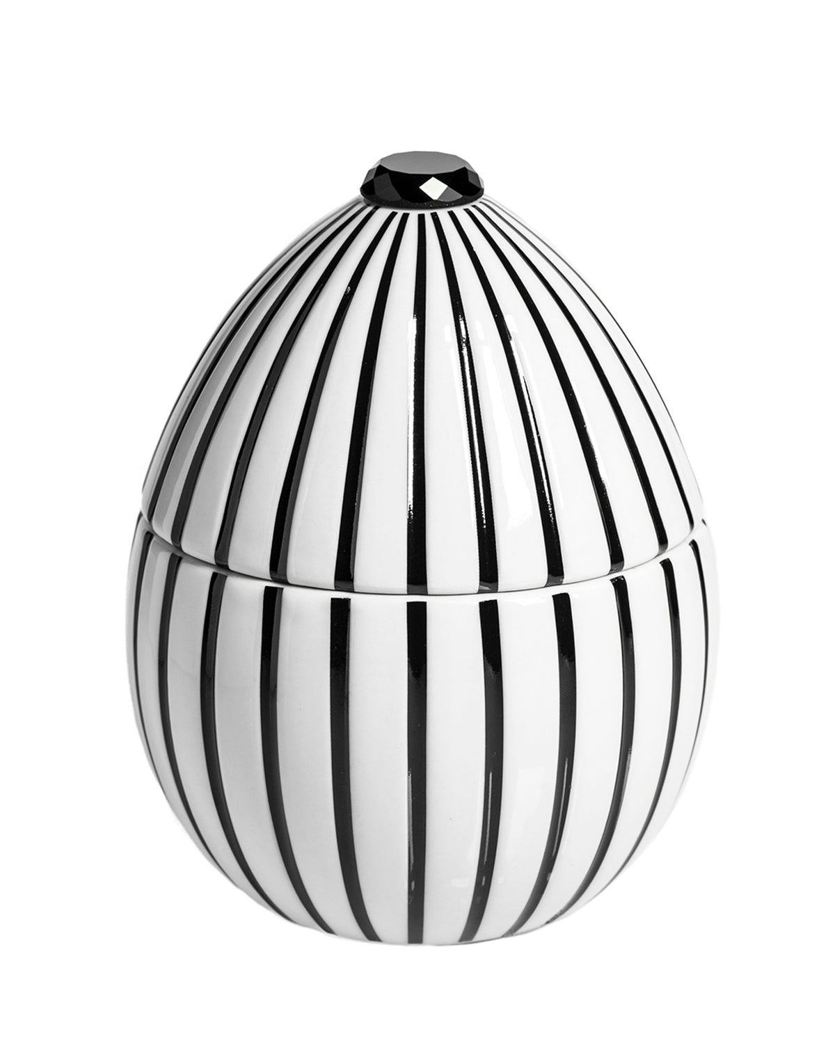 Candle in Ceramic Egg BOIS DE ROUSSIE 200gr White Black Stripes 5.12 diam. x 6.5 in