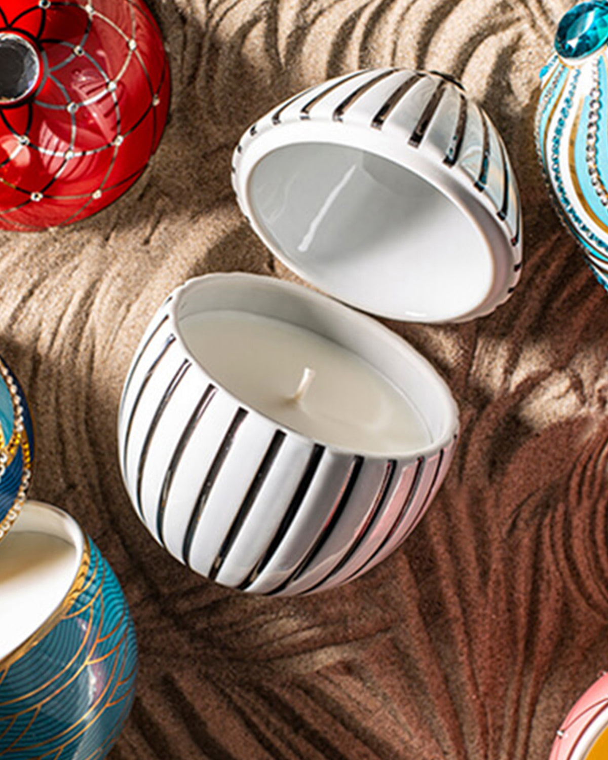 Candle in Ceramic Egg BOIS DE ROUSSIE 200gr White Black Stripes 5.12 diam. x 6.5 in