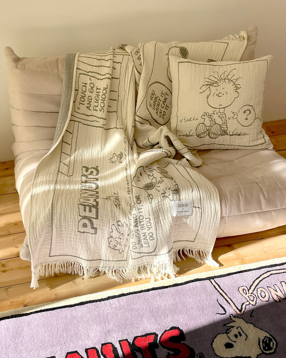 Blanket PEANUTS FLIGHT SCHOOL Comic Strip Cotton Black / White 4.25 x 6.5ft
