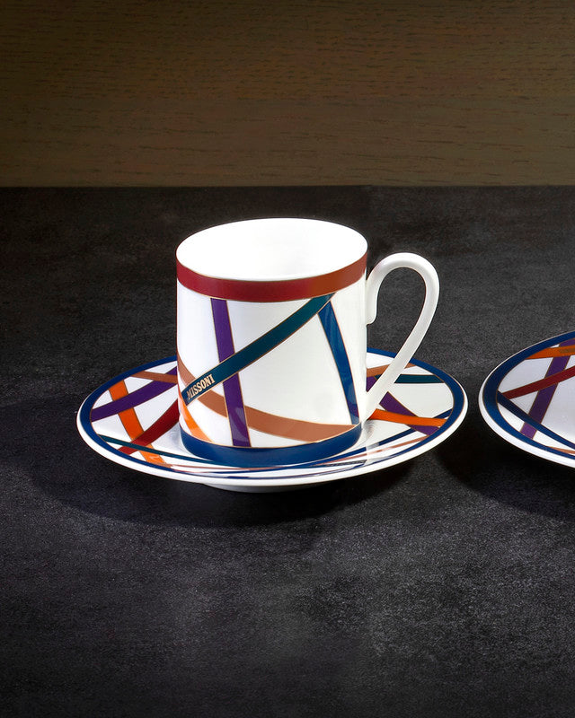 Missoni Home Coffee Cup & Saucer NASTRI Set of 6 in Luxury Box Multicolor diam. 2.3", H 2.5", Cap. 4 oz, Saucer diam. 4.75"