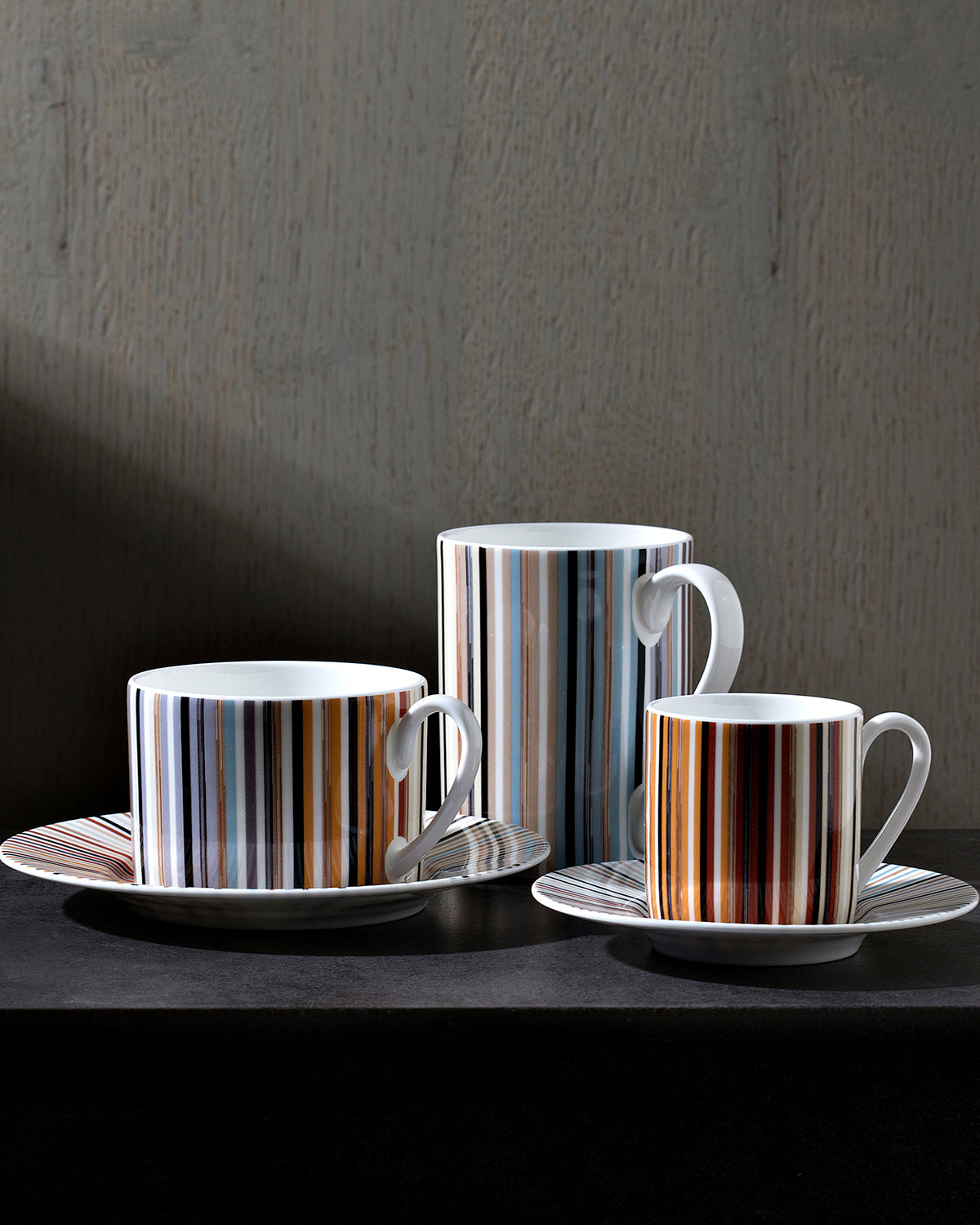 Tea Cup & Saucer STRIPES Set of 2 in Luxury Box Jenkins 148 diam. 3.3", H 2.3", cap. 7.5 oz, Saucer diam. 6"