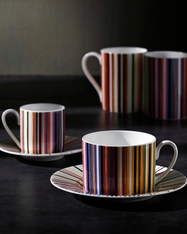 Missoni Home Tea Cup & Saucer STRIPES Set of 2 in Luxury Box Jenkins 156 diam. 3.3", H 2.3", cap. 7.5 oz, Saucer diam. 6"