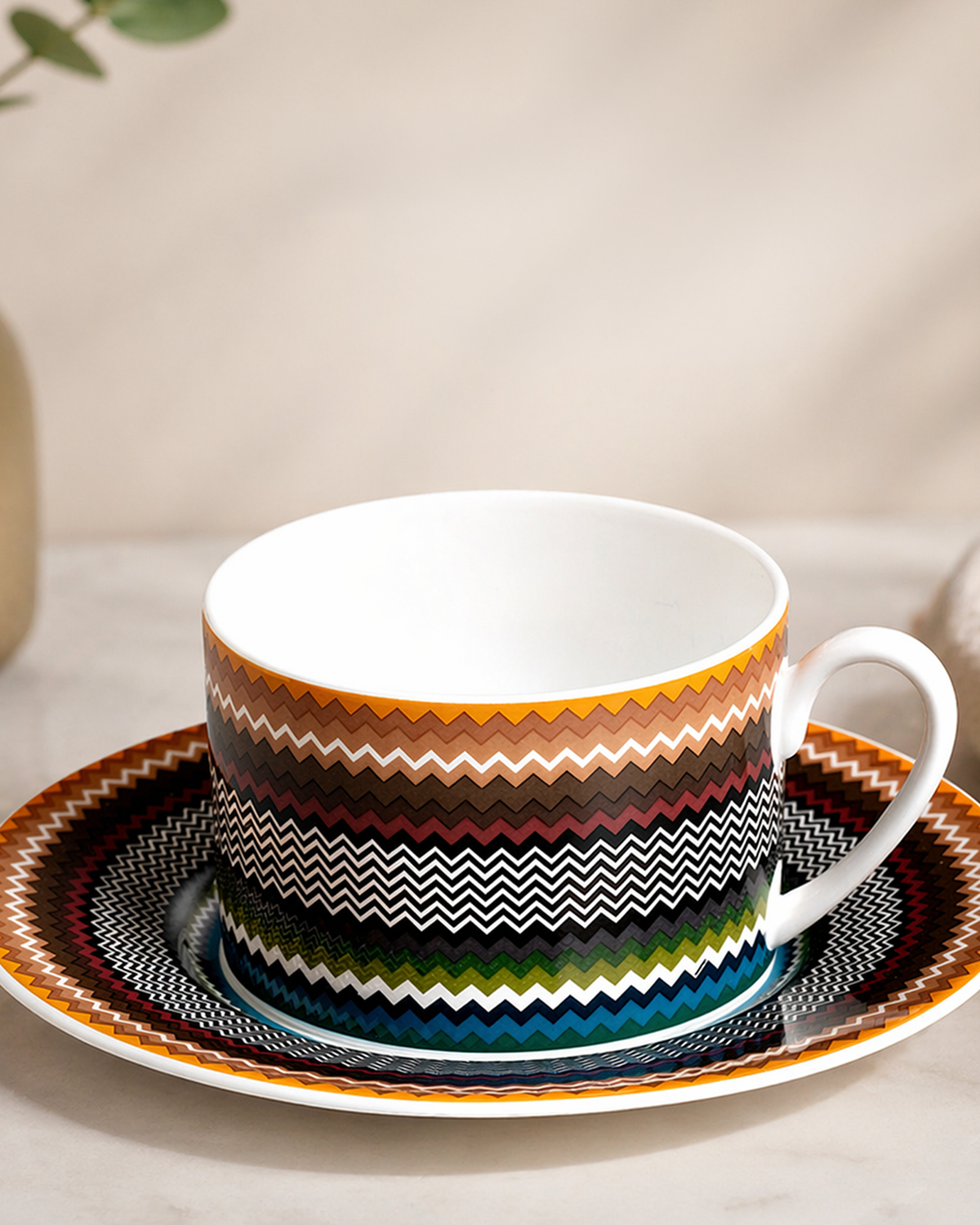 Zig Zag Foliage Tea Cup & Saucer Set of 2 in luxury box. Dimensions: Ø 3.35" × H 2.36"