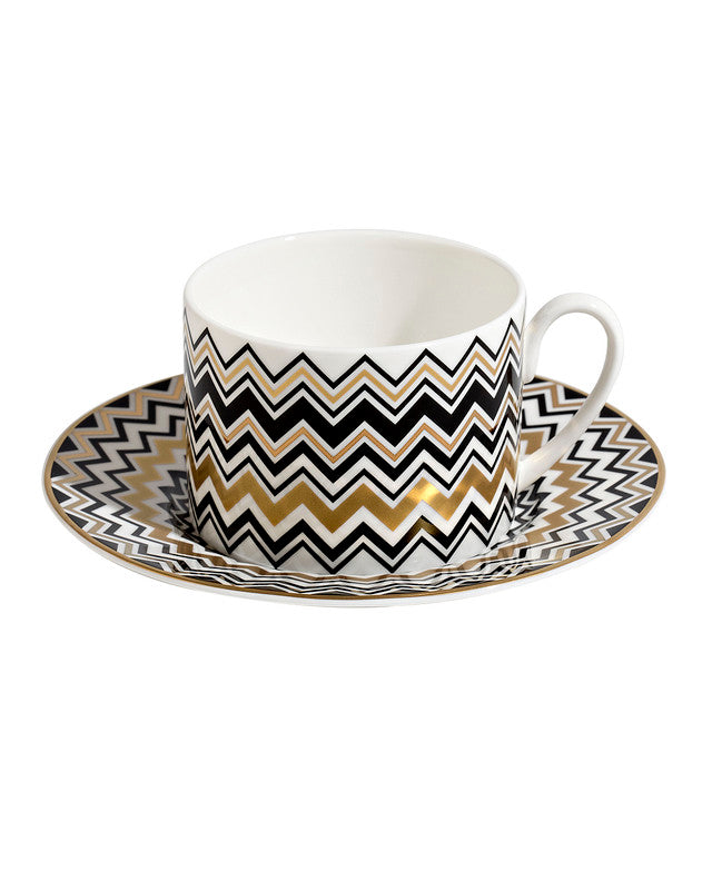 Missoni Home Tea Cup & Saucer ZIG ZAG Set of 2 in Luxury Box Gold diam. 3.3", H 2.3", cap. 7.5 oz, Saucer diam. 6"