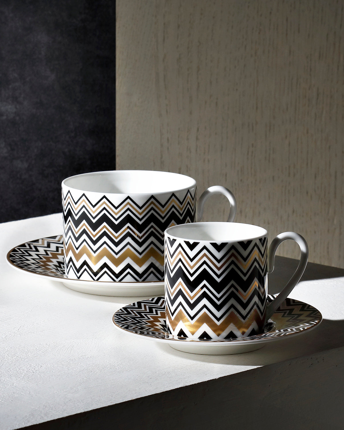 Missoni Home Tea Cup & Saucer ZIG ZAG Set of 2 in Luxury Box Gold diam. 3.3", H 2.3", cap. 7.5 oz, Saucer diam. 6"