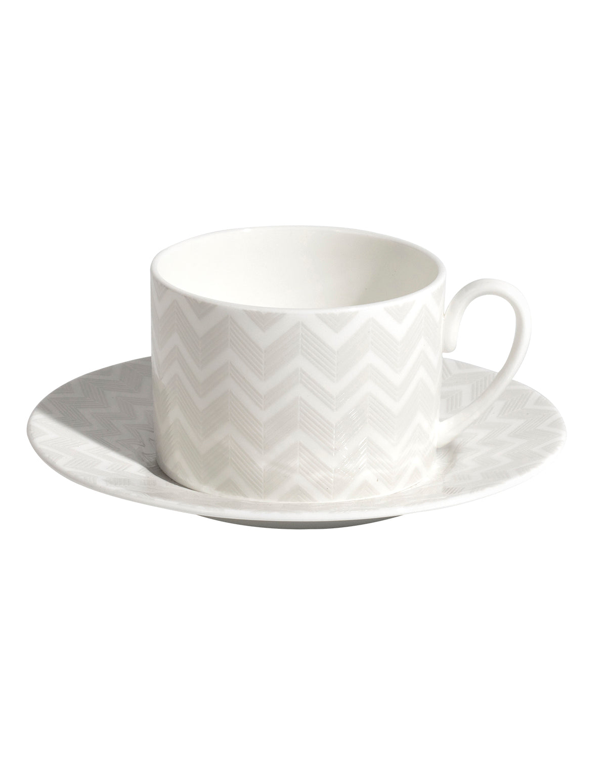 Missoni Home Tea Cup & Saucer ZIG ZAG Set of 2 in Luxury Box White diam. 3.3", H 2.3", cap. 7.5 oz, Saucer diam. 6"