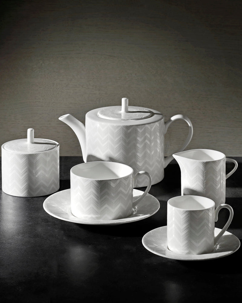 Missoni Home Tea Cup & Saucer ZIG ZAG Set of 6 in Luxury Box White diam. 3.3", H 2.3", cap. 7.5 oz, Saucer diam. 6"