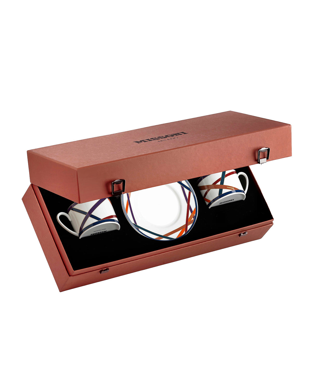 Missoni Home Tea Cup & Saucer NASTRI Set of 2 in Luxury Box Multicolor diam. 3.3", H 2.3", cap. 7.5 oz, Saucer dim. 6"