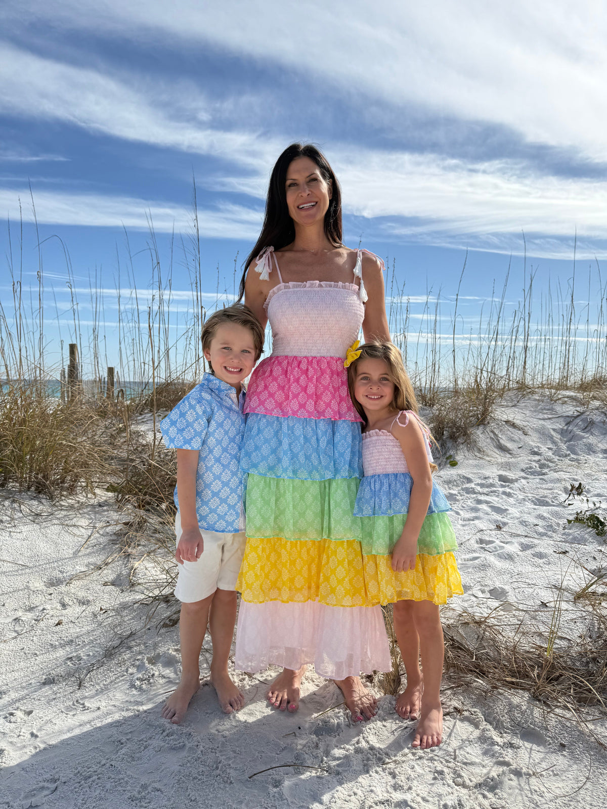 Women's Smock Bodice Tiered Dress in Block Print