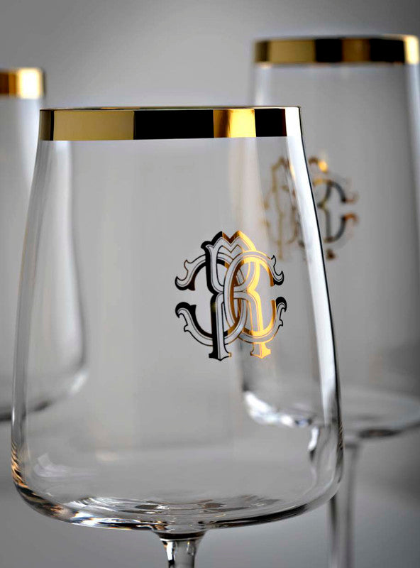 Roberto Cavalli Home Water Goblet NEW MONOGRAM  Gold H 9", cap. 18.25 oz