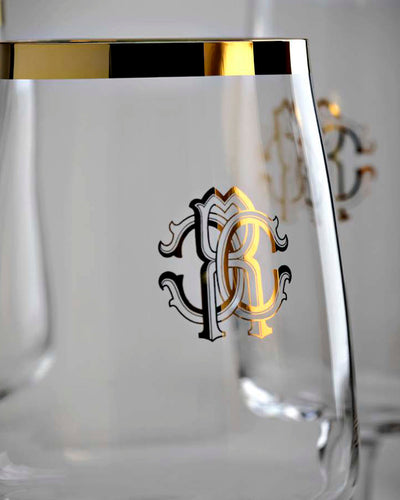 Roberto Cavalli Home Champagne Goblet NEW MONOGRAM  Gold H 9.25", cap. 10 oz
