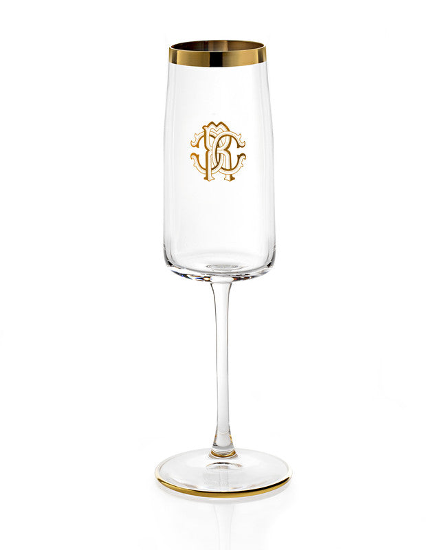 Roberto Cavalli Home Champagne Goblet NEW MONOGRAM  Gold H 9.25", cap. 10 oz