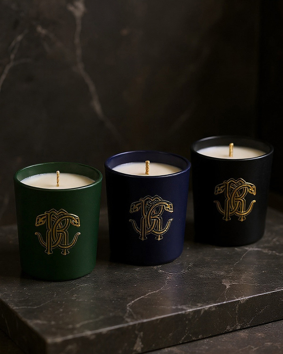Scented Candle, GOLD JUNGLE, Set of 3, Glass, Gold