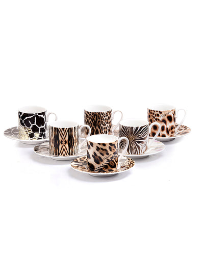 Coffee Cup & Saucer AFRICA Set of 6 in Luxury Box diam. 2.3", H 2.5", Cap. 4 oz, Saucer diam. 4.75"