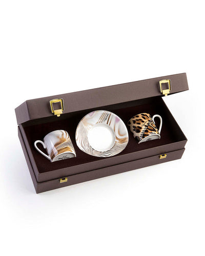Roberto Cavalli Home Coffee Cup & Saucer AFRICA ZIMBABWE AND DJERBA Set of 2 in Luxury Box  diam. 2.3", H 2.5", Cap. 4 oz, Saucer diam. 4.75"