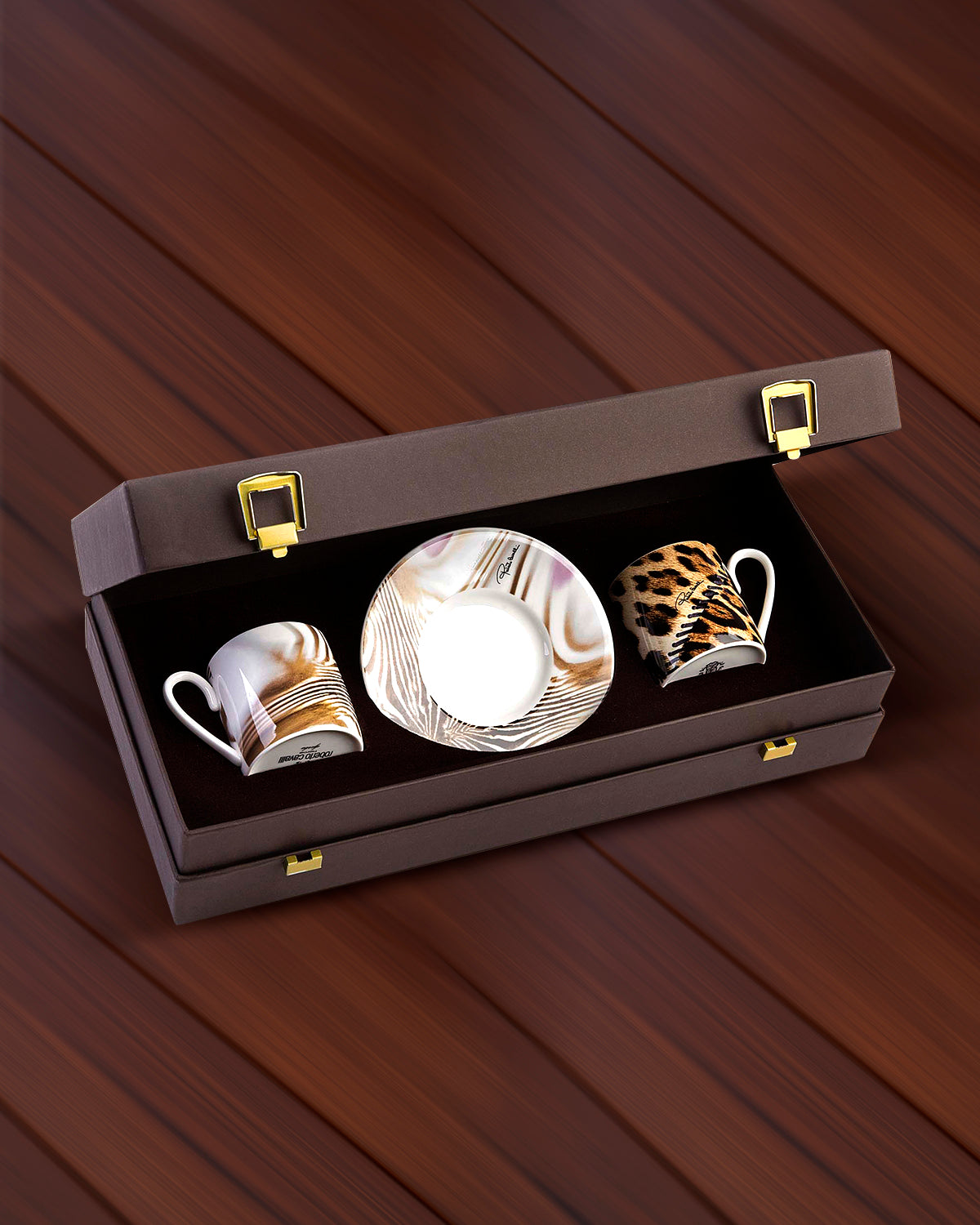 Roberto Cavalli Home Coffee Cup & Saucer AFRICA ZIMBABWE AND DJERBA Set of 2 in Luxury Box  diam. 2.3", H 2.5", Cap. 4 oz, Saucer diam. 4.75"