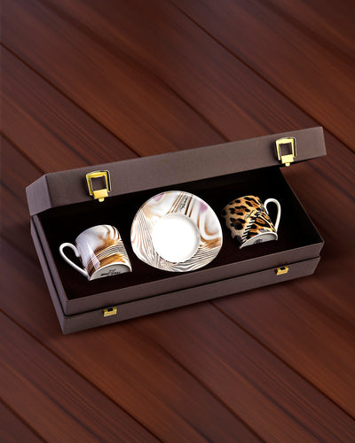 Roberto Cavalli Home Coffee Cup & Saucer AFRICA ZIMBABWE AND DJERBA Set of 2 in Luxury Box  diam. 2.3", H 2.5", Cap. 4 oz, Saucer diam. 4.75"