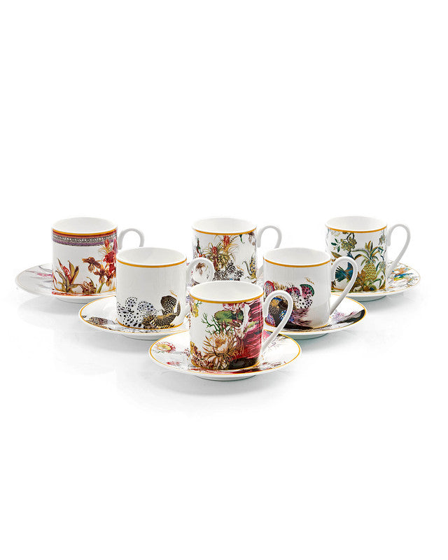 Roberto Cavalli Home Coffee Cup & Saucer FLOWERS Set of 6 in Luxury Box  diam. 2.3