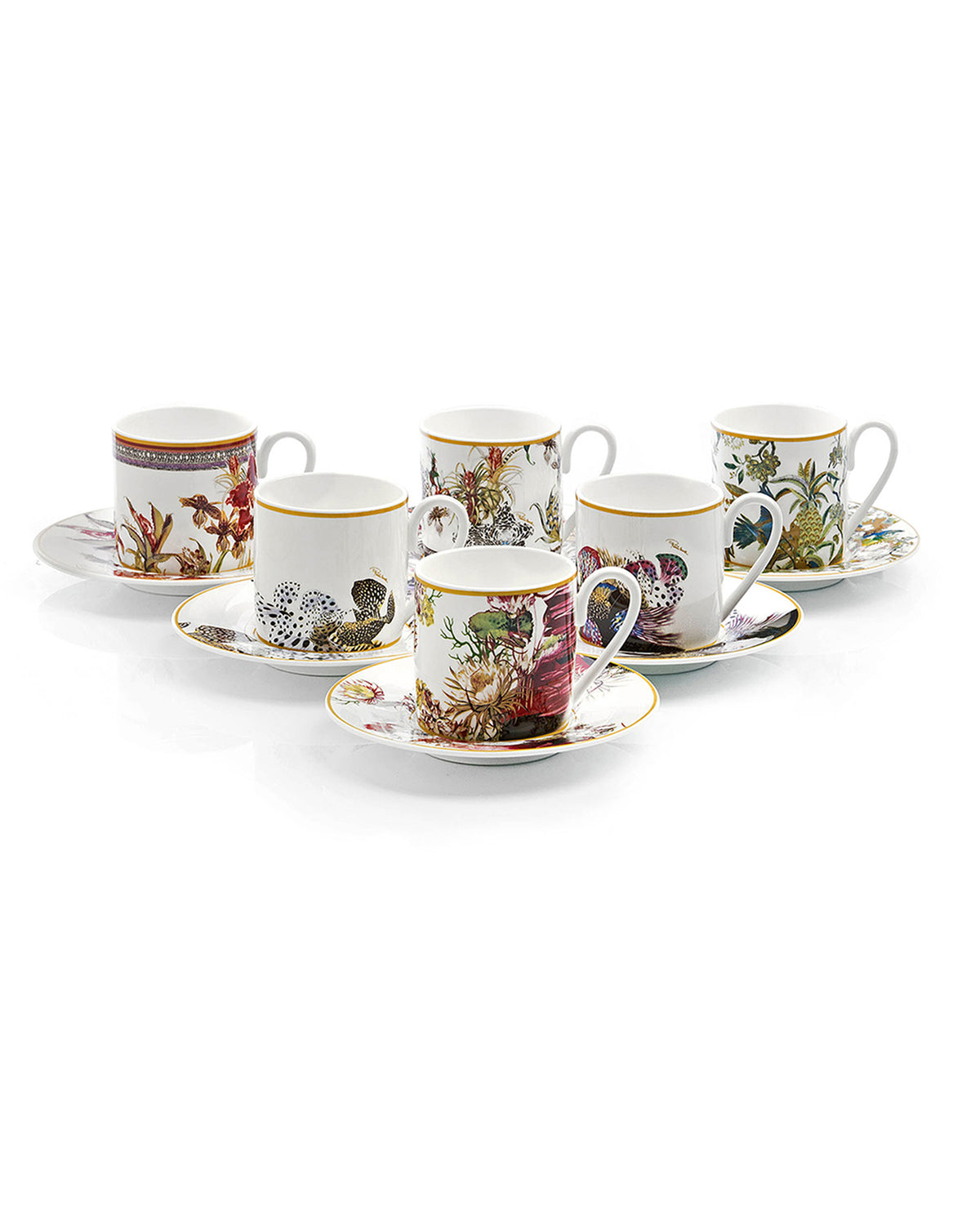 Coffee Cup & Saucer FLOWERS Set of 6 in Luxury Box  diam. 2.3", H 2.5", Cap. 4 oz, Saucer diam. 4.75"