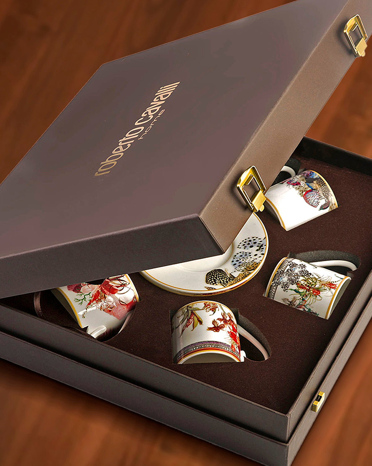 Coffee Cup & Saucer FLOWERS Set of 6 in Luxury Box  diam. 2.3", H 2.5", Cap. 4 oz, Saucer diam. 4.75"