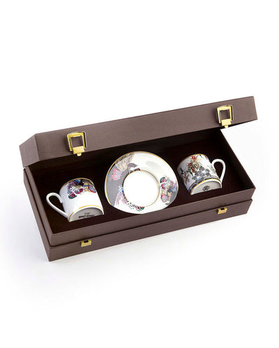 Roberto Cavalli Home Coffee Cup & Saucer FLOWERS MODEL C-E Set of 2 in Luxury Box  diam. 2.3", H 2.5", Cap. 4 oz, Saucer diam. 4.75"