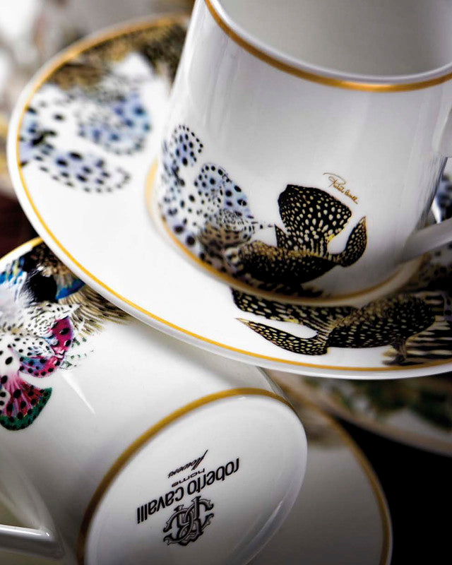 Roberto Cavalli Home Coffee Cup & Saucer FLOWERS MODEL C-E Set of 2 in Luxury Box  diam. 2.3", H 2.5", Cap. 4 oz, Saucer diam. 4.75"