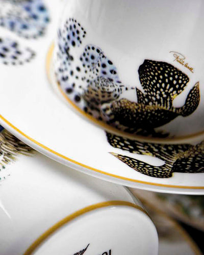 Roberto Cavalli Home Coffee Cup & Saucer FLOWERS MODEL C-E Set of 2 in Luxury Box  diam. 2.3", H 2.5", Cap. 4 oz, Saucer diam. 4.75"